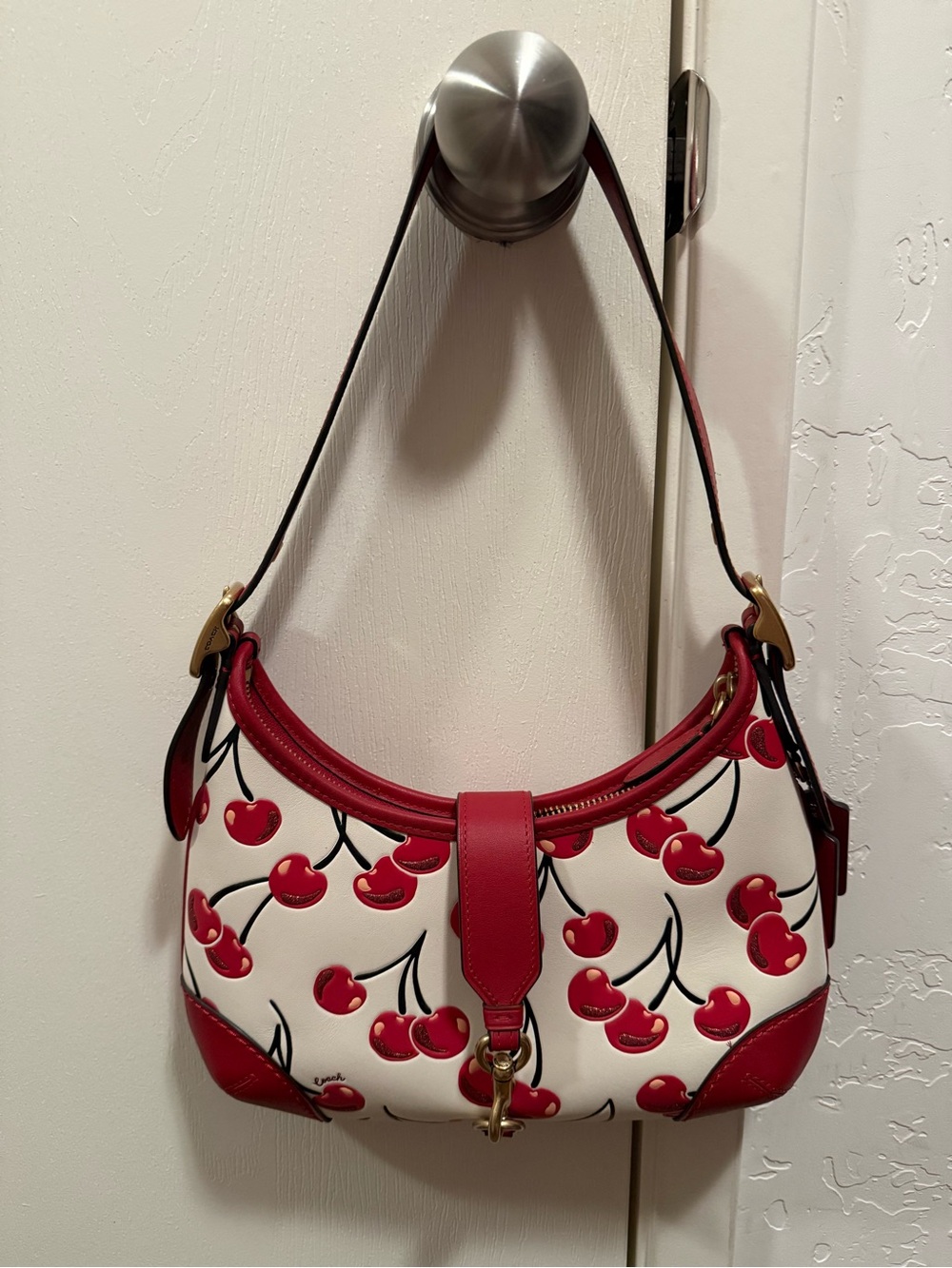 Coach Hamptons Hobo Cherry Print Leather Shoulder Bag